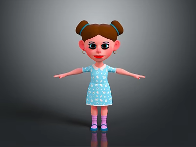 Cute Doll With Pigtails Blue Star Dress Pink Striped Socks And Earrings Arms Outstretched 3d model