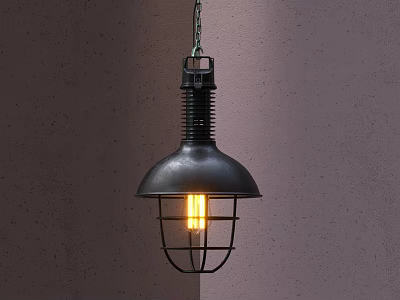 Industrial Style Black Metal Pendant Light With Cage Shade And Illuminated Bulb On Gray Wall 3d model