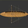 Detailed Traditional Ship Model With Orange Blue Hull Mast Ropes And Oars On Reflective Surface