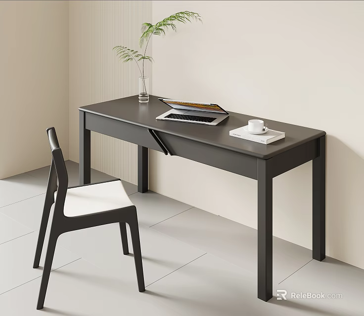 Minimalist Modern Black Desk with Laptop White Cup Green Plant and Chair 3d model 