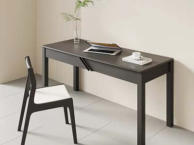 Minimalist Modern Black Desk with Laptop White Cup Green Plant and Chair 3d model