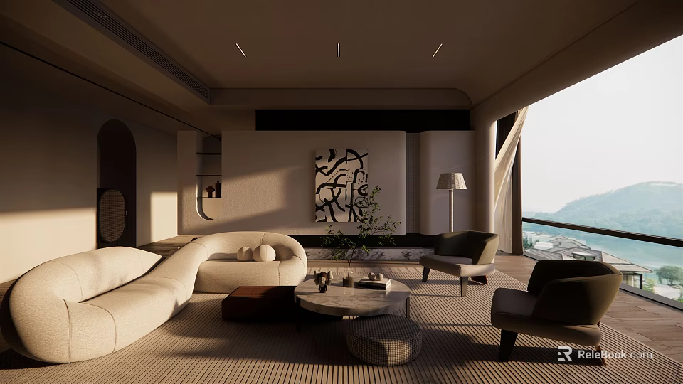 Modern Living Room Interior With Curved Sofa Dark Chairs Round Coffee Table And Mountain View 3d model 