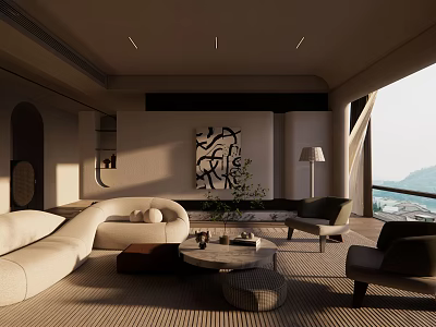Modern Living Room Interior With Curved Sofa Dark Chairs Round Coffee Table And Mountain View 3d model