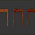 Three Orange And Red Side Tables With Drawers And Slender Legs On Dark Reflective Surface