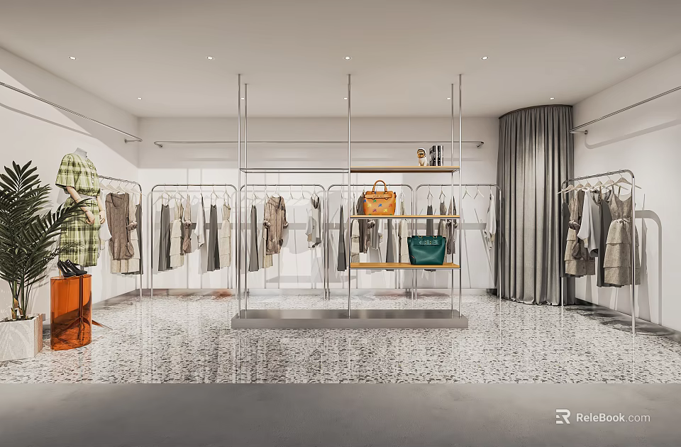 Modern Clothing Store Interior With Clothing Racks Various Dresses Shirts And Green Plant 3d model 