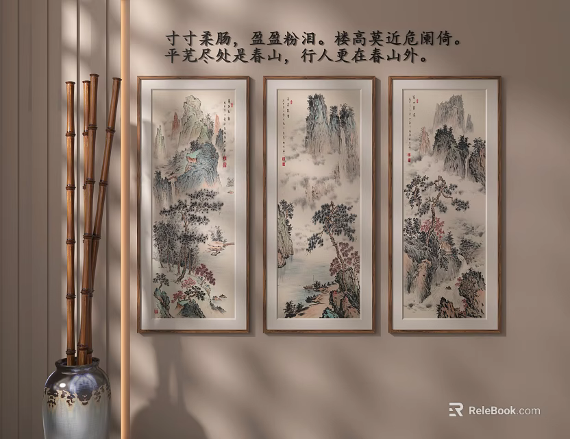 Three Panel Chinese Landscape Paintings With Bamboo Decor And Ceramic Vase 3d model 