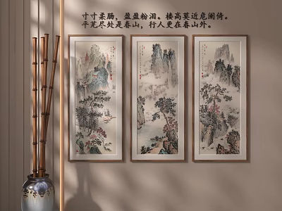 Three Panel Chinese Landscape Paintings With Bamboo Decor And Ceramic Vase 3d model