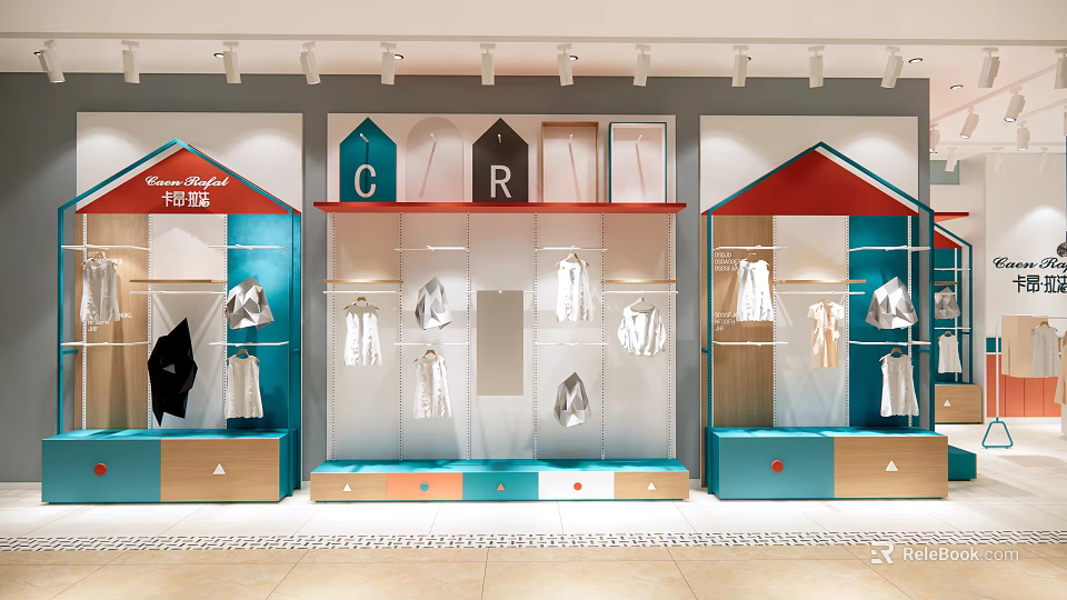 Chic Clothing Store Interior With Colorful Roof Shaped Shelves And Stylish Apparel 3d model 