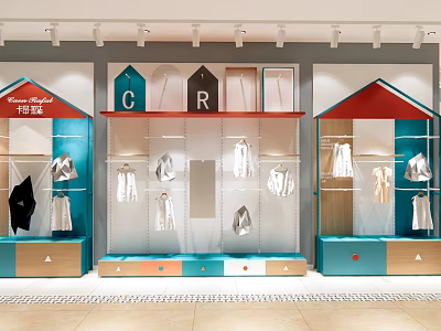 Chic Clothing Store Interior With Colorful Roof Shaped Shelves And Stylish Apparel 3d model
