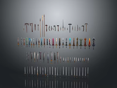 Various Types of Weapons with Detailed Designs Arranged for 3d model