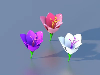 Colorful Decorative Paper Flowers With Purple Pink White Petals And Green Stems For Home Decor 3d model