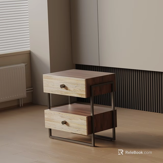 Modern Bedroom Bedside Table With Two Wooden Drawers And Metal Frame 3d model 