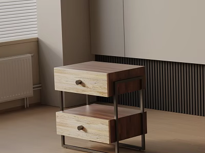 Modern Bedroom Bedside Table With Two Wooden Drawers And Metal Frame 3d model