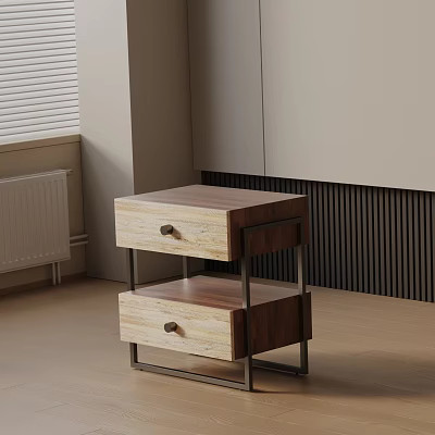Modern Bedroom Bedside Table With Two Wooden Drawers And Metal Frame 3d model