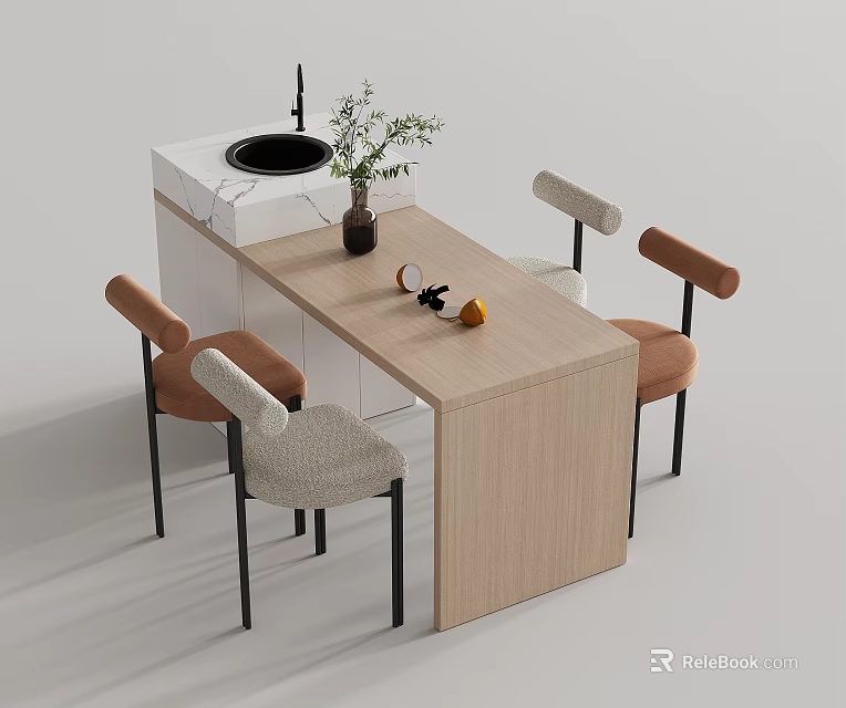 Light Wood Bar Counter With Orange Beige Chairs And Small Plant On Top 3d model 