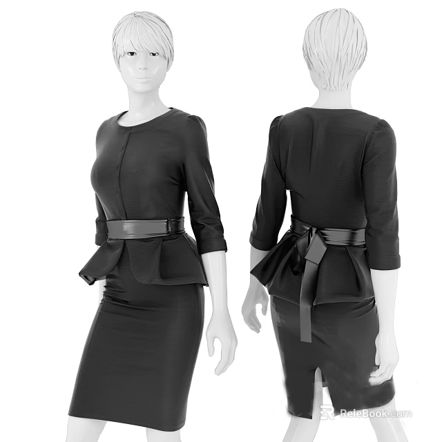Model In Black Peplum Dress With Belt And Bow Detail Front Back View 3d model 