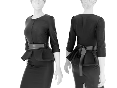 Model In Black Peplum Dress With Belt And Bow Detail Front Back View 3d model