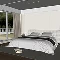 Modern Bedroom Interior With White Bedding Black Throw Blanket And Floor to Ceiling Windows