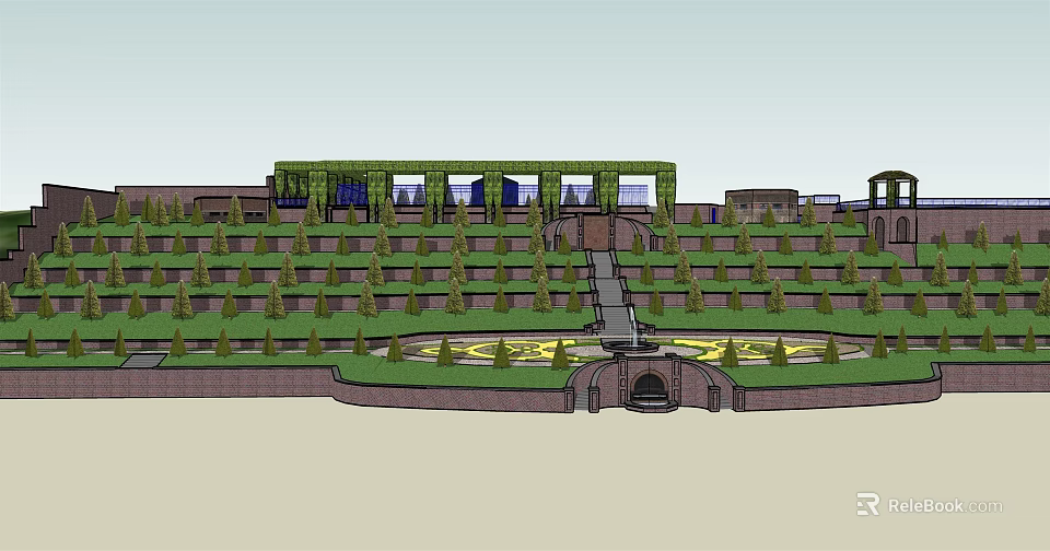 Terraced Park Landscape With Lush Green Plants Central Pathway And Vines Covered Structure 3d model 