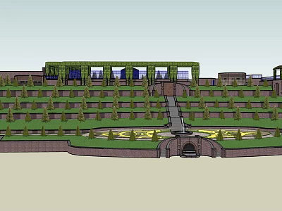 Terraced Park Landscape With Lush Green Plants Central Pathway And Vines Covered Structure 3d model