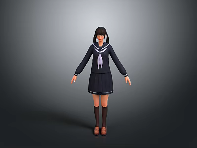 Woman In Dark Blue Sailor Uniform Standing On Gray Background With Brown Shoes 3d model