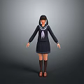 Woman In Dark Blue Sailor Uniform Standing On Gray Background With Brown Shoes