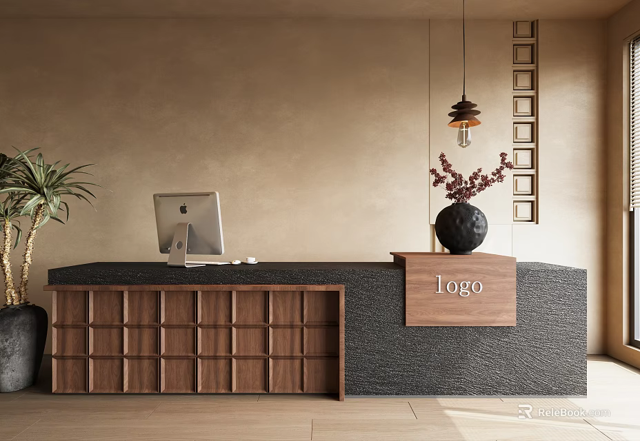 Modern Wooden Reception Desk with Computer Vase Plant Logo Sign and Hanging Lamp 3d model 