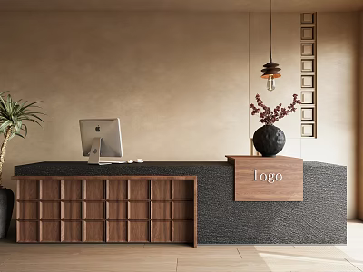 Modern Wooden Reception Desk with Computer Vase Plant Logo Sign and Hanging Lamp 3d model