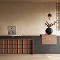 Modern Wooden Reception Desk with Computer Vase Plant Logo Sign and Hanging Lamp
