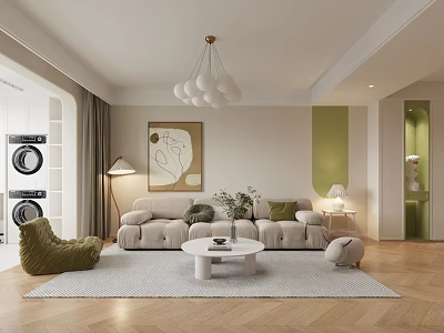 Modern Living Dining Room Interior With Beige Sofa Round White Coffee Table And Green Armchair 3d model