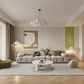 Modern Living Dining Room Interior With Beige Sofa Round White Coffee Table And Green Armchair