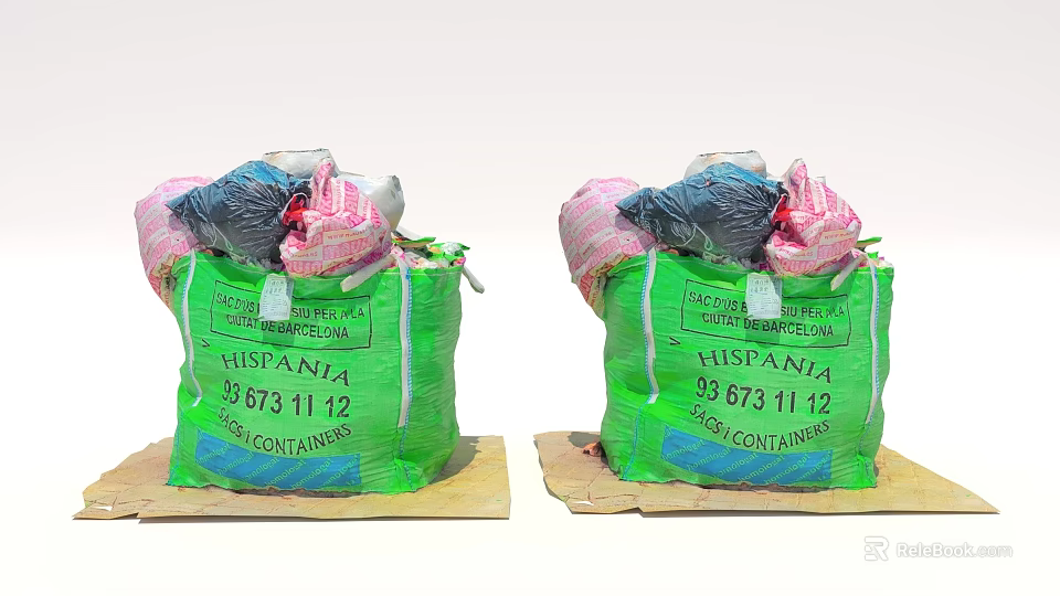 Quality Green Hispanta Bags Holding Stone Wood Materials on Wooden Boards 3d model 