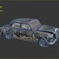 Rusted Vintage Car With Damaged Body And Peeling Paint On Black Reflective Surface
