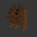 Antique Wooden Waterwheel Structure With Brick Stone Wall And Base Support