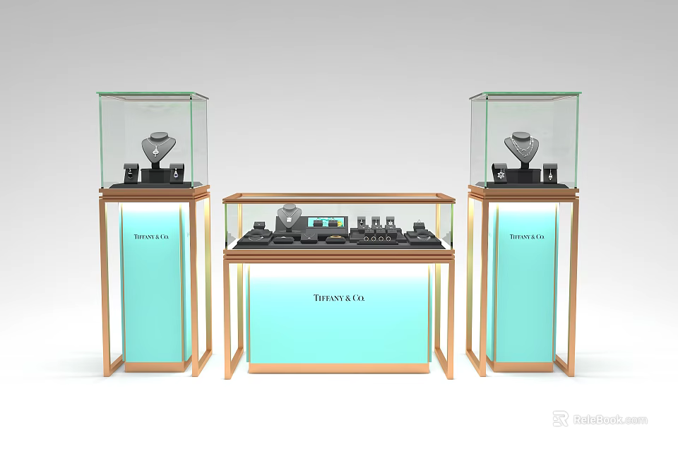 Luxury Jewelry Display Shelves With Glass Cases And Wooden Frames For Retail 3d model 
