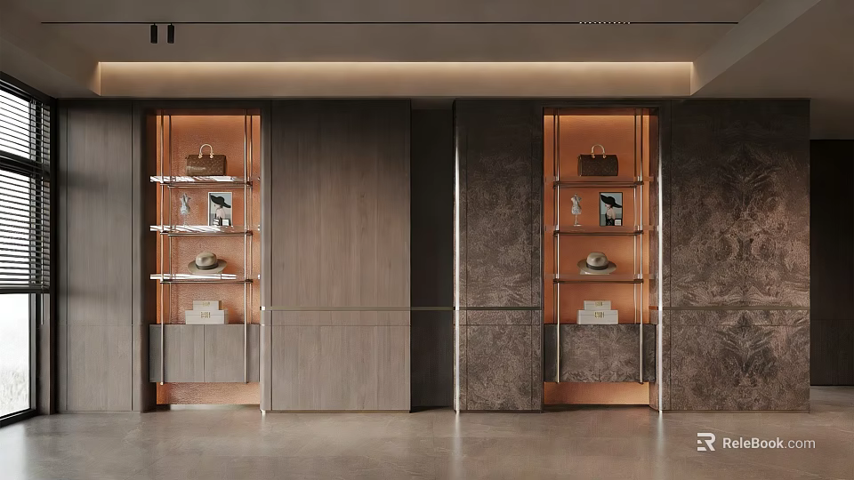 Modern Storage Cabinet With Wooden Shelves And Marble Panels For Living Room 3d model 
