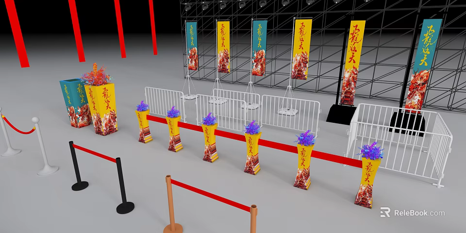 Event Fence Setup With Yellow Banners Red Barriers And Purple Flower Bouquets 3d model 