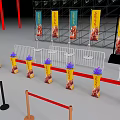 Event Fence Setup With Yellow Banners Red Barriers And Purple Flower Bouquets