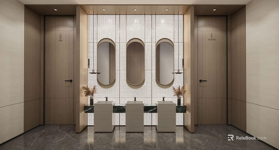 Public Restroom Interior with Modern Design Oval Mirrors Washbasins and Wooden Doors 3d model 