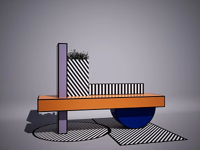 Modern Public Chair Featuring Orange Tabletop Purple Pillar Blue Sphere And Black White Stripes 3d model