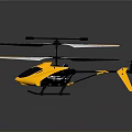 Yellow and white remote control helicopter with black and white rotors and sleek body