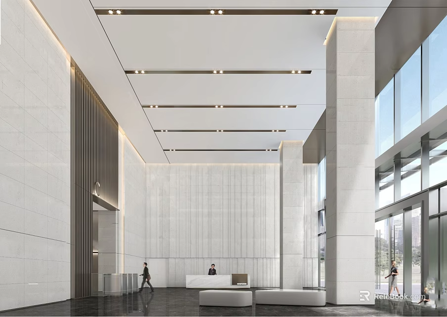 Modern Service Hall Interior With Marble Walls Spacious Layout Front Desk And Lighting 3d model