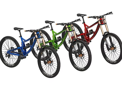 Blue Green Red And Black Mountain Bicycles With Sturdy Frames Large Wheels 3d model
