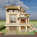 Elegant Modern Detached Villa Exterior With Balcony Garage Driveway And Lawn