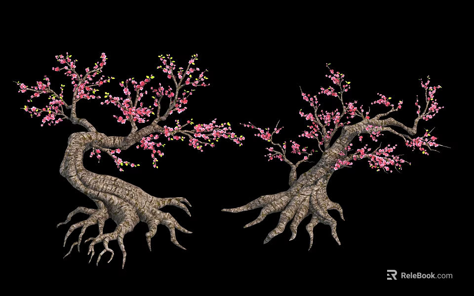 Two Arbor Trees with Curved Trunks Exposed Roots and Pink Blossoms in Decorative Landscape Design 3d model 