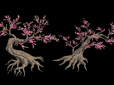 Two Arbor Trees with Curved Trunks Exposed Roots and Pink Blossoms in Decorative Landscape Design 3d model