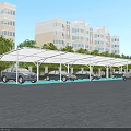Multiple Carport Canopies for Parking Cars with High Rise Buildings and Green Trees