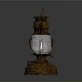 Vintage Kerosene Lamp With Rustic Metal Body And Glass Shade Lit Wick