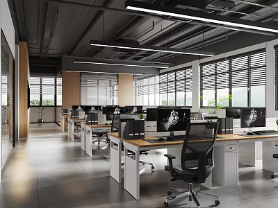 Modern Public Office Space Interior With Desks Computers Office Chairs And Windows With Blinds 3d model