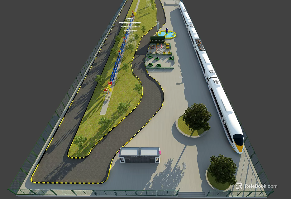 High speed Train Platform Area with Green Landscaping Road Trees and Facilities 3d model 